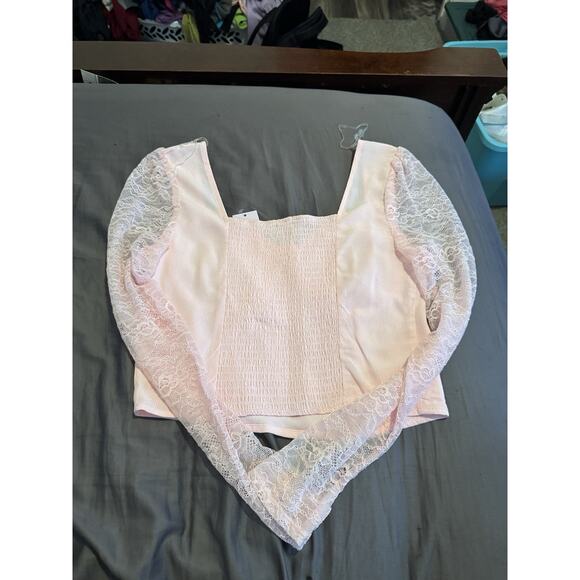 -TOP WOMEN Crop Wild Fable Size Med Lace Long Sleeves Pink C 17” L 19” SL 26” - Picture 4 of 10